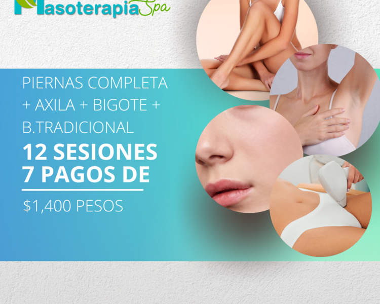 Piernas Completas + Axila + Bikini Tradicional + Bigote (12 Sesiones)