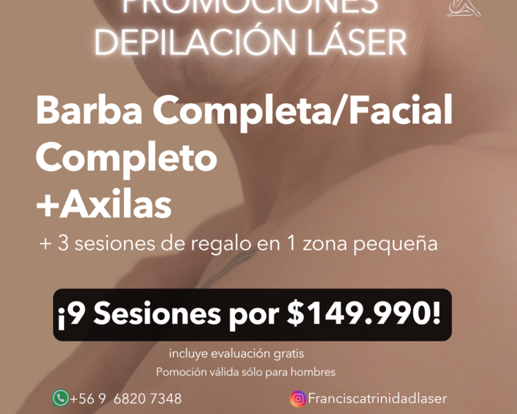 AÑO 2025-9 SESIONES EN BARBA/FACIAL COMPLETO + AXILAS + 1 ZONA PEQUEÑA DE REGALO (3 SESIONES) - AÑO 2025