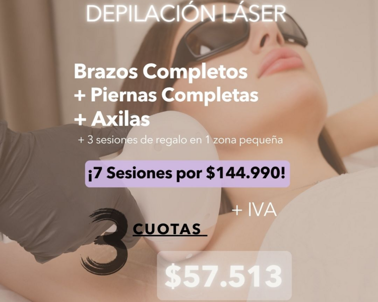 7 SESIONES EN PIERNAS COMPLETAS + BRAZOS COMPLETOS + AXILAS + 1 ZONA PEQUEÑA DE REGALO (3 SESIONES) - AÑO 2025