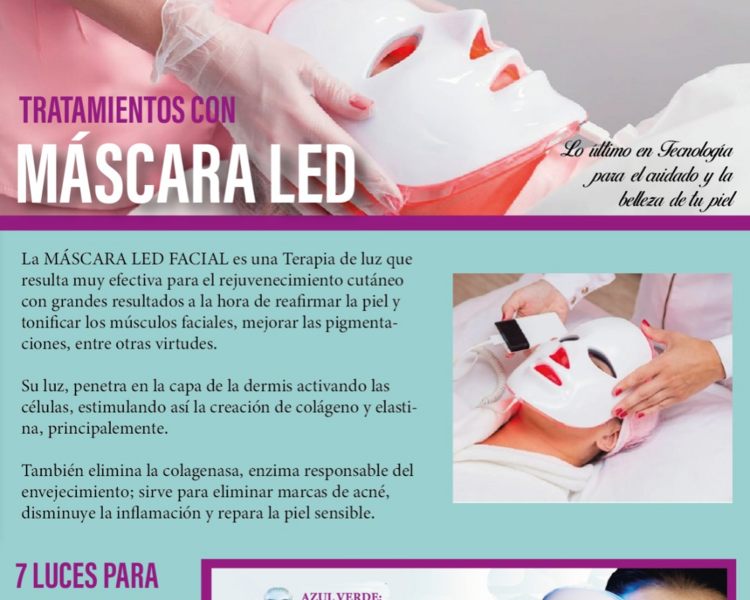 MASCARA LED ES UNA TERAPIA DE LUZ QUE RESULTA MUY EFECTIVA ESTIMULANDO LA CREACIÓN DE COLÁGENO Y ELASTINA  TAMBIÉN DISMINUYE INFLAMACIÓN 